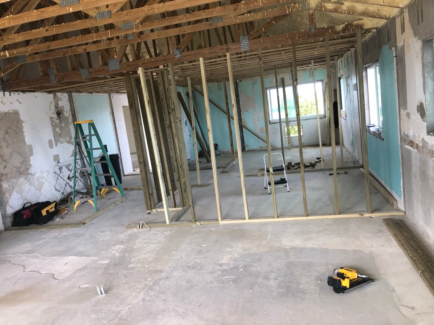 Interior framing and stud work under construction